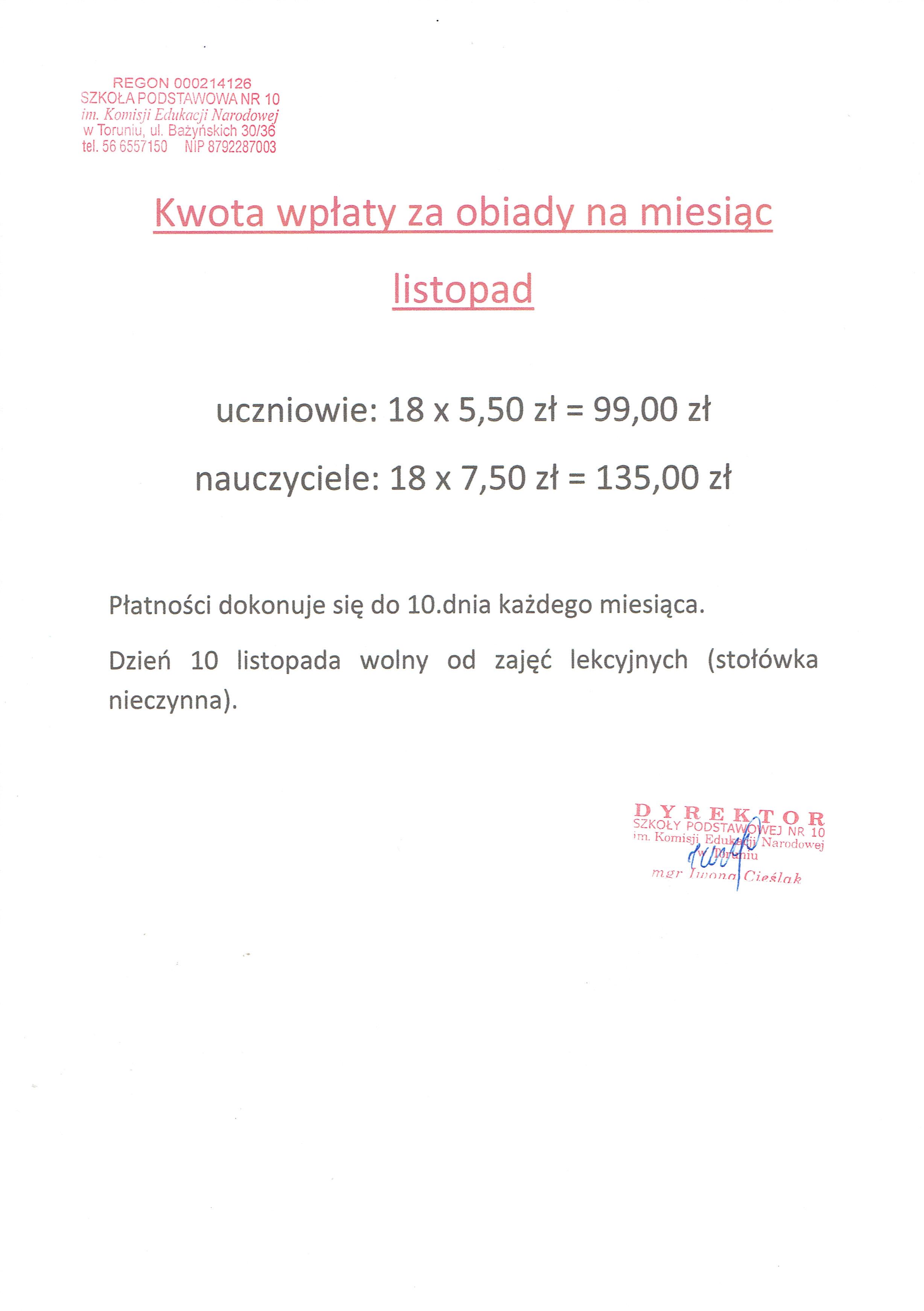 Kwota wpłaty na listopad